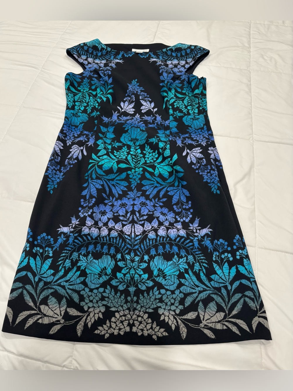 London Times Size 8 Floral Ombre Cap-Sleeve Dress in Teal & Blue